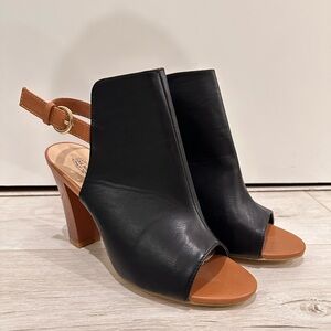 Pink Martini Black and Tan Heeled Booties